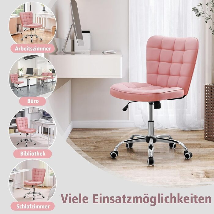 Крісло для дому та офісу Yaheetech, обертове, регульоване по висоті, без підлокітників, на коліщатках, з м'яким сидінням, штучна шкіра, рожеве