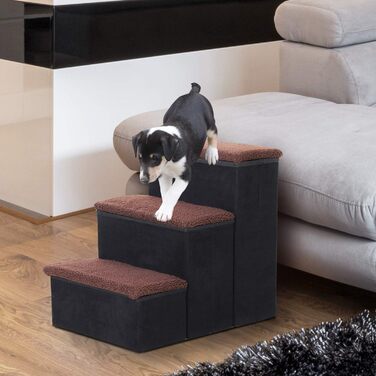 PawHut Pet Stairs Cat Stairs Dog Stairs Foldable 3 Steps Pet Stairs with Storage Space for Cats and Dogs MDF White 40 x 54 x 48 cm (Black)