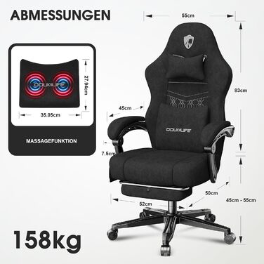 Ігровий крісло Douxlife з масажем, розширене пружинне сидіння, ергономічний офісний стілець для геймерів, стілець для комп'ютера з підніжкою, 158 кг, чорний