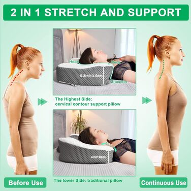 Elviros Orthopedic Memory Foam Pillow, Head Pillow for Neck Pain, Sleep Pillow, Ergonomic Neck Roll, Neck Support Pillow for Shoulder Pain, Anti-Snoring Pillow for Side Sleepers Dark Grey 60 x 38.6 x 9.9/13.5 cm