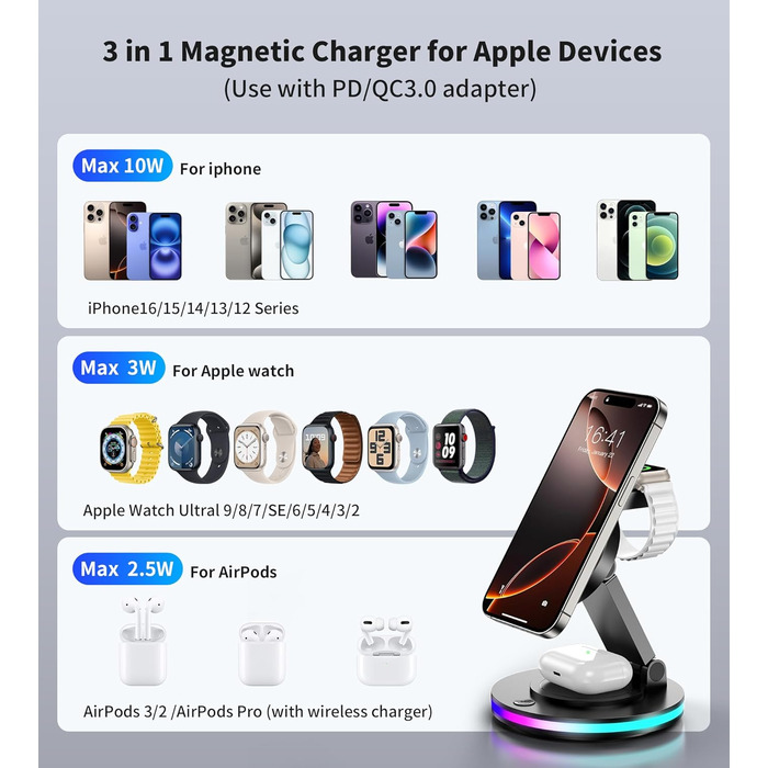 Зарядний пристрій MagSafe 3-в-1 для Apple Watch та iPhone, складний, поворотний з регулюванням світла, бездротовий зарядний стан MagSafe для iPhone 16/15/14, AirPods (без адаптера) - Чорний