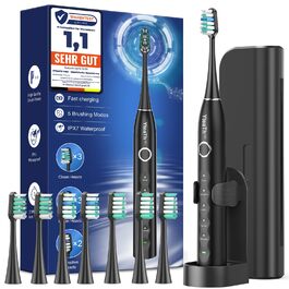 Електрична зубна щітка зі звуковими вібраціями, 8 насадок (3 типи), таймер, 120 днів роботи від акумулятора, 5 режимів чищення, чорний колір, для дорослих, з зарядною станцією
