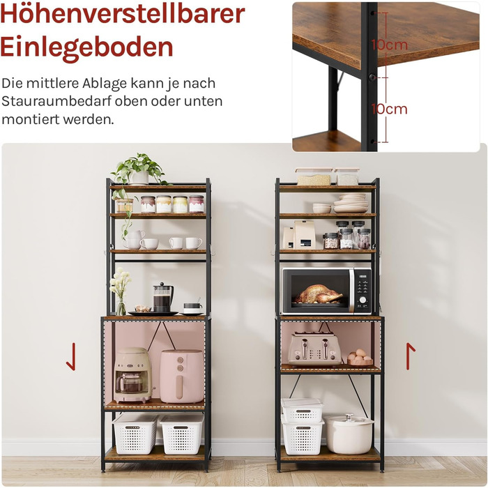 Стелаж кухонний Woltu з 6 полицями, з гачками, з металу та інженерної деревини, 60 x 167 x 40 см, рустичний коричнево-чорний