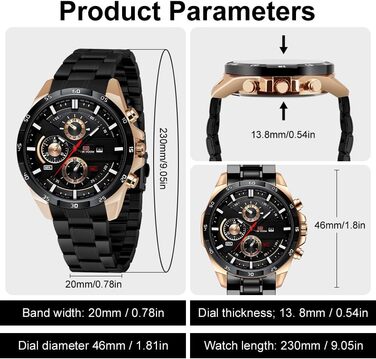 Годинник чоловічий OFFCUP з датою, кварцовий хронограф, водонепроникний, з нержавіючої сталі, для бізнесу та повсякденного носіння (рожеве золото/чорний)