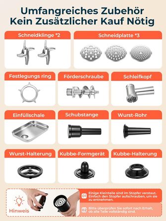 М'ясорубка електрична Fohere 2000 Вт з насадками для ковбас та кубів, 3 диски (7/5/3 мм), чорна