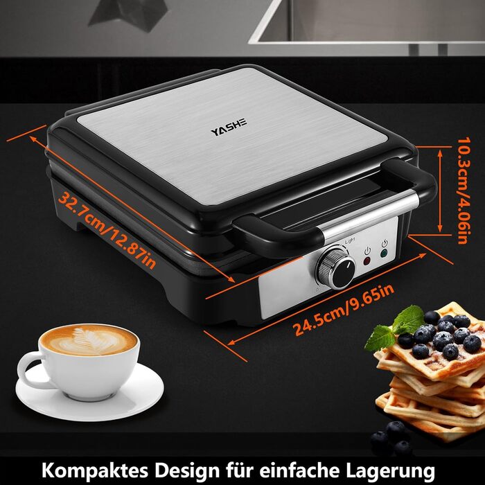 YASHE Belgian Waffle Maker - 4 Square Waffle Plates, 1200W, Non-Stick Coating, Adjustable Browning Control, Overflow Prevention, Silver/Black