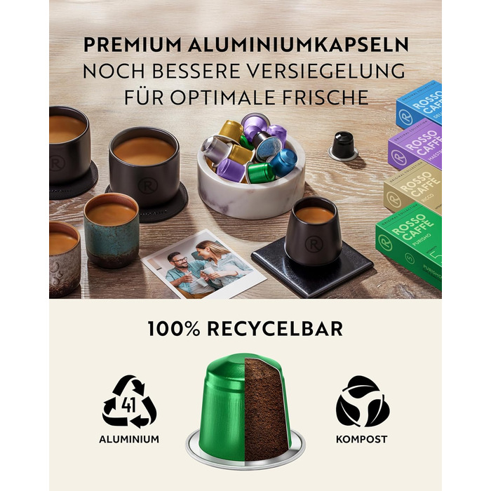 Капсули кави ROSSO CAFFÈ Nespresso, 60 шт., 6 сортів преміум еспресо, сумісність з Nespresso, капсули з алюмінію