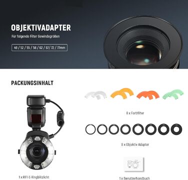 NEEWER RF1-S Макро спалах кільцеве світло для Sony камери, 76W, GN15, 5600K, TTL, 1-1/128, передня/задня синхронізація, кольорові гелі, об'єктивні адаптери, кільця для макрофотографії та студійних фото