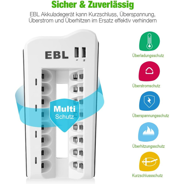 Зарядний пристрій EBL для акумуляторів AA/AAA NI-MH/NI-Cd та USB пристроїв, 8 слотів, LED дисплей, 2 USB порти (без акумуляторів)