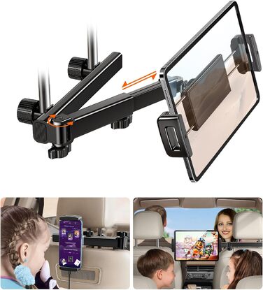 Тримач для планшета в авто, [алюмінієвий довгий кріплення] Тримач для планшету на підголівник авто, [надійно фіксується] Тримач для iPad в авто, чорний, H2