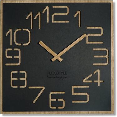 FLEXISTYLE Wall Clock Large Wood-Look Wood Digits ECO, Square Silent, Living Room, Bedroom, Made in EU (Black) (40 cm)