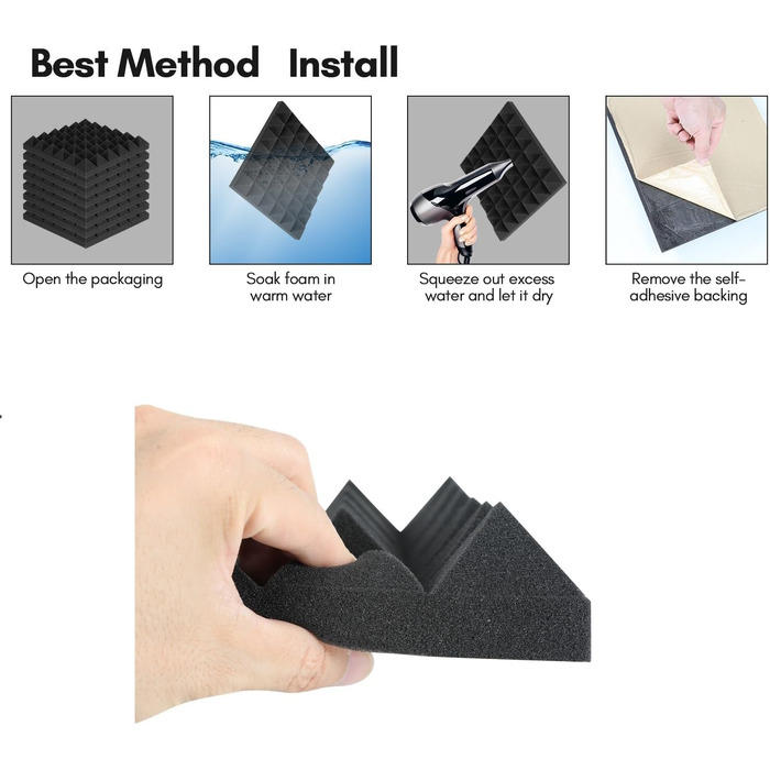 Акустичний поролон самоклейний Sonnewelt, 24 шт. (5x30x30 см), 3D пірамідні панелі для звукоізоляції та поглинання ехо в студію, офіс, чорний