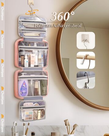 Чоловіча/Жіноча дорожня косметичка для підвішування – водонепроникна косметичка з прозорим вікном, легка, рожева, середнього розміру (30x23x10 см)