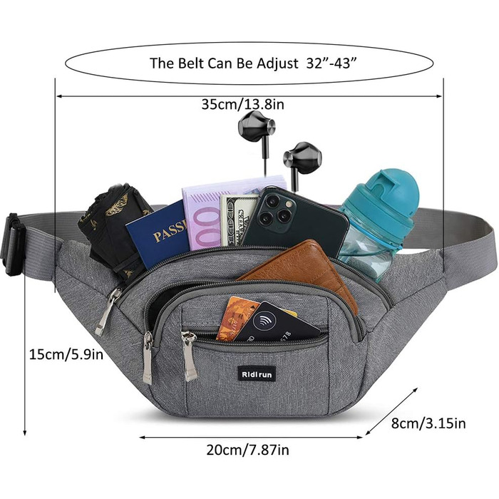 Водонепроникна поясна сумка на пояс для жінок та чоловіків, 3 кишені на блискавці, для походів, активного відпочинку, спорту, подорожей, гаманець для грошей (Світло-сірий)