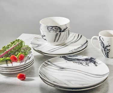 Набір посуду American Atelier Marble Coupe 16 предметів - порцеляновий сервіз для вечері, білий/чорний
