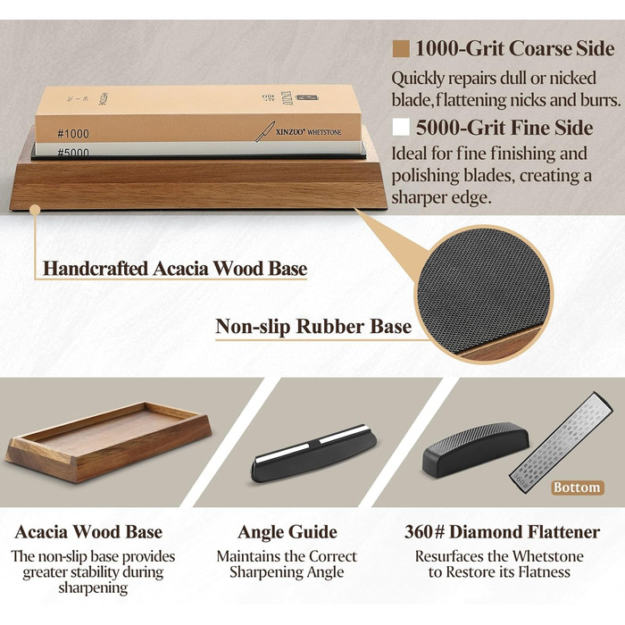 Набір для заточування ножів XINZUO: алмазний плоскою точило 2-в-1 з дерев'яною підставкою, зернистість 1000/5000