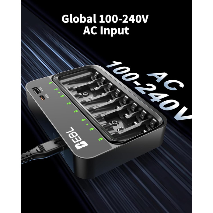 Зарядний пристрій EBL для акумуляторів AA, AAA, 9V, сумісний з NI-MH, USB-C PD3.0 та Micro USB, швидка зарядка