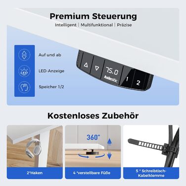 Регульований стіл Agilestic 120x60 см: електричний, з пам'яттю, ергономічний, для комп'ютера, білий