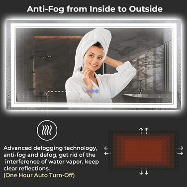 Дзеркало для ванної кімнати з підсвічуванням 100x60 см, сенсорне керування, IP65, 3 колірні температури, HD скло, вертикальна/горизонтальна орієнтація, Faw Halo Double