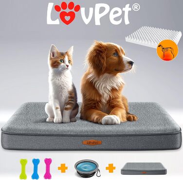 Lovpet® Orthopedic Dog Bed, Dog Cushion, Dog Basket Cookie, Incl. Bowl + 3X Chew Bones, Dog Sofa for Small, Medium & Large Dogs, Removable and Washable Cover, L 91x69x7.6 cm Anthracite