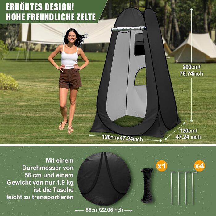 Charmofun Pop Up Shower Tent - Portable Camping Toilet & Changing Tent with UV Protection - Black