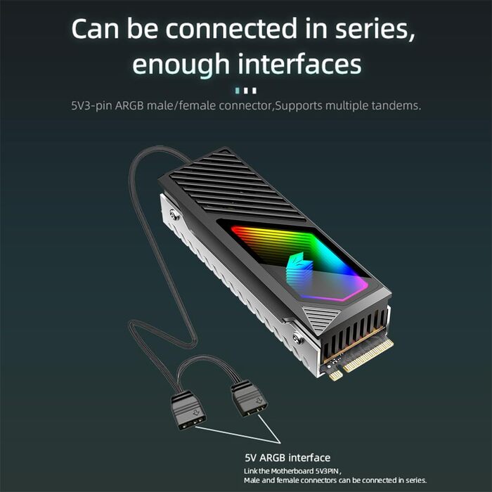 SSD-накопичувач M.2 2280 з RGB-підсвічуванням та охолодженням, преміум-алюмінієвий дизайн, ефективний теплорозсіювач, з термопрокладкою (чорний)