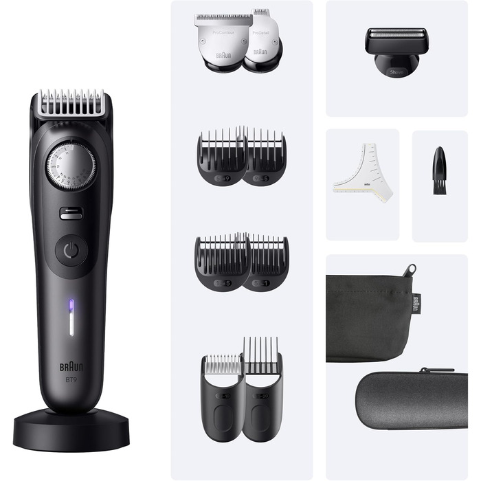 Триммер для бороди Braun Series 9 BT9565: професійний набір 14 насадок, титанове лезо, акумулятор до 180 хв, водонепроникний, 52 налаштування довжини