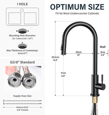 Чорний кухонний змішувач з висувною лійкою, 360° поворот, нержавіюча сталь, гаряча/холодна вода, G3/8'', 2 режими струменя