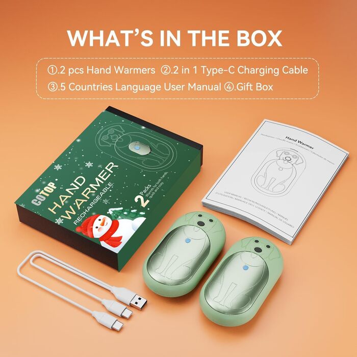 Електричні грілки для рук 6000mAh (2 шт.) - перезаряджувані, USB-C, 3 режими нагріву, подарунок для жінок, чоловіків, дітей, для катання на лижах, піших прогулянок (зелені)