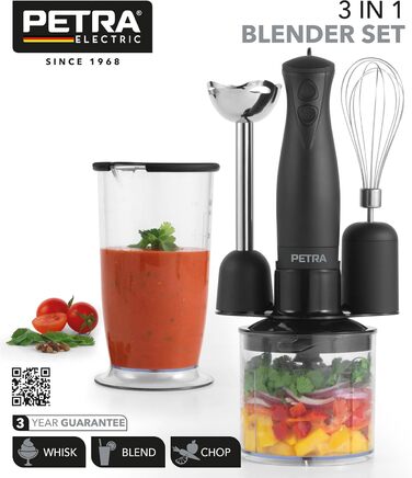 Блендер Petra PT2827BMBLKVDE 3-в-1, 350 Вт, BPA-free, чаша 500 мл, стакан 700 мл, вінчик, 2 швидкості, нержавіючі леза, для дитячого харчування, смузі, соусів