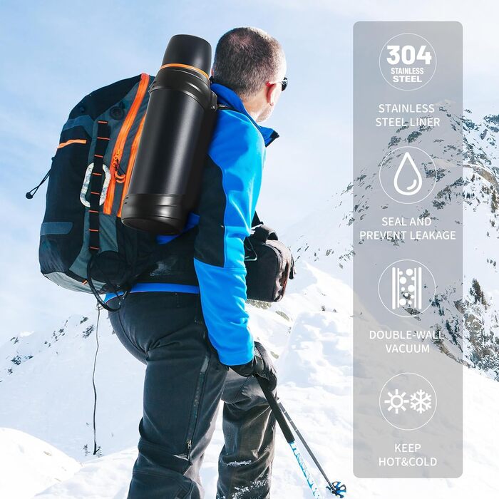 2.5L Thermos Flask/Thermos Jar, Stainless Steel Insulated Flask/Drinking Bottle, Insulated Flask with 2 Drinking Cups, Double-Walled Insulation Camping Water Bottle, 24h Hot & Cold (Dark Blue)