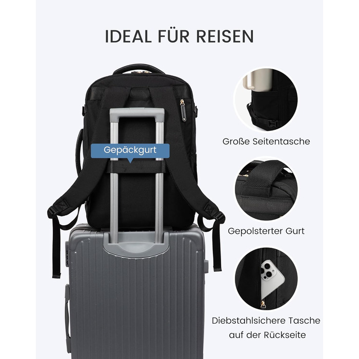 LOVEVOOK Рюкзак для ручної поклажі, дорожній рюкзак 45L, валіза-рюкзак для ноутбука 17.3 дюйма, для подорожей, ділових поїздок, вихідних (1-чорний, 47x20x34 см, 40L, комплект)
