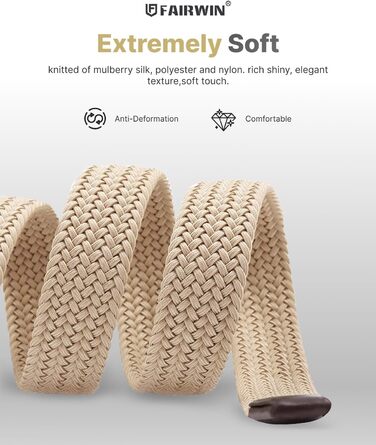 Чоловічий тканинний ремінь Fairwin, бежевий, еластичний, плетіння, розмір M (довжина 105 см, для обхвату талії 80–90 см)