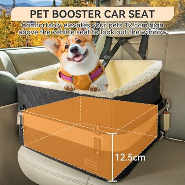 PETSFIT Автокрісло для собак, підняте на 12.5 см, для собак до 12 кг, чорний колір, знімний плюшевий чохол, безпечне кріплення