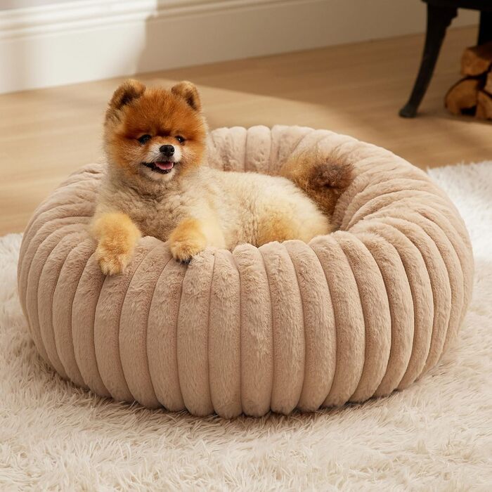 BEDSURE Ортопедичне ліжко для котів - пухнасте гніздо Donut 51x51x15 см, кругле котяче ліжко з знімним та пральним чохлом Cord-Fleece, неслизьке дно, (58.5 x 58.5 x 18 см, верблюжий)