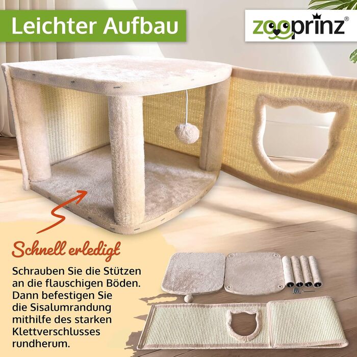 Преміум котячий будиночок Zooprinz – котячий кошик для кота – з товстими сизалевими стінами – затишна печерка з м'яким плюшем та іграшкою – котячий бокс у скандинавському стилі (Бежевий)