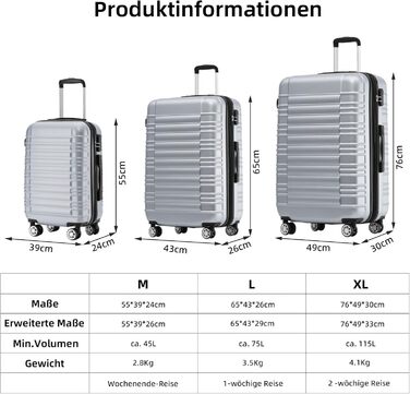 Чемодан Beibye 2088 з твердим корпусом, валіза-тележка, ручна поклажа, 14 кольорів (Срібний, XL)