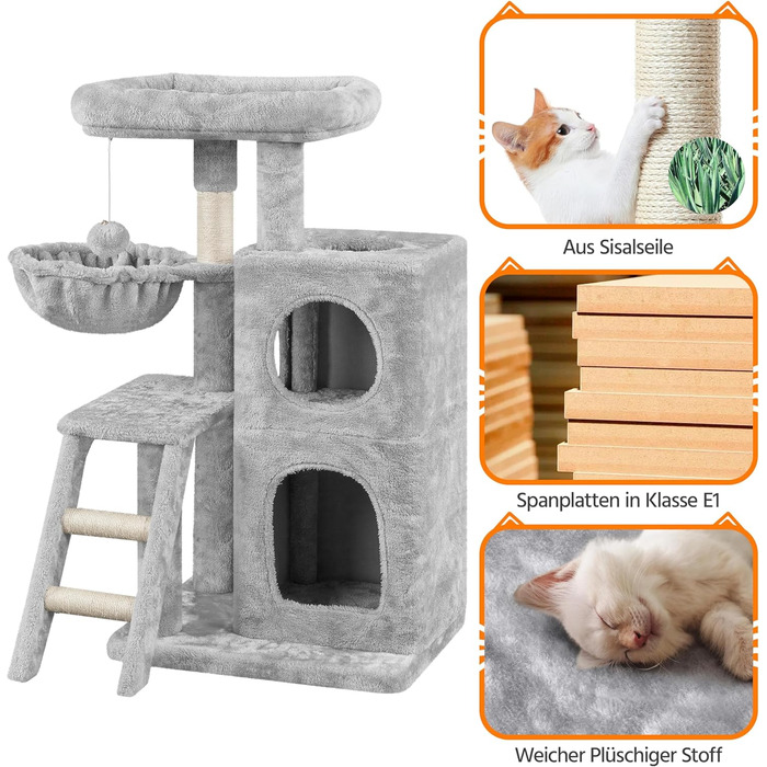 Yaheetech Cat Tree 94 cm high, Cat Climbing Tree for Cats, with Sisal Posts, Caves, Large Platform, Basket, Plush Balls, Light Grey
