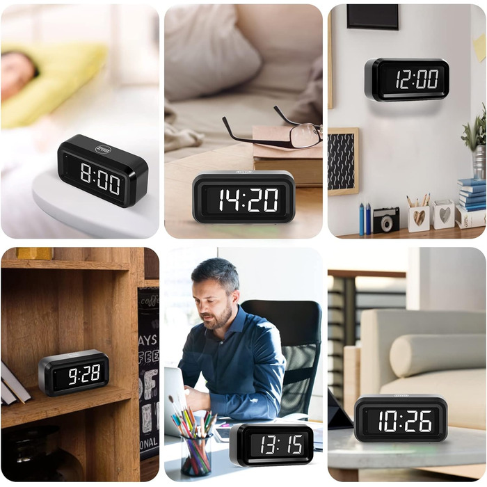 Цифровий будильник Timegyro з LED дисплеєм, акумуляторний, компактний, для подорожей та дому, 3 рівні яскравості, великий LED дисплей 1.2', чорно-білий