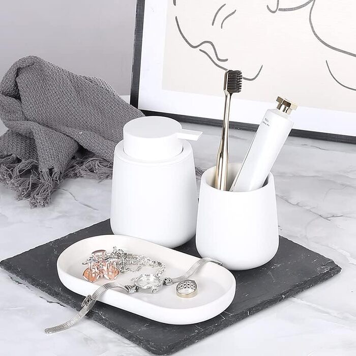 Набір аксесуарів для ванної кімнати Umlaca: мильниця, дозатор мила 350 мл, стакан для зубної пасти 320 мл, білий
