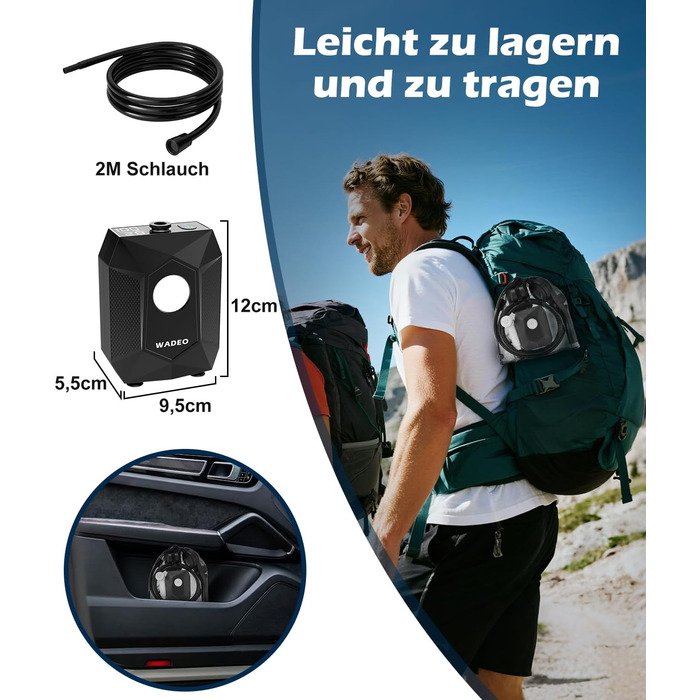 Портативна душова кабіна WADEO з акумулятором, насосом та підсвічуванням, 120 хвилин роботи, LED-підсвічування, комплект мобільної душової з 2м шлангом, душовою насадкою, тримачем та відром для душу, для саду, миття авто, тварин, пляжу, подорожей, чорного