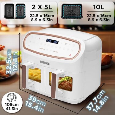 Фритюрниця Duronic AF34 WE XXL з 2 камерами, 10л, без олії, Air Fryer для приготування картоплі фрі, м'яса та іншого, великий об'єм
