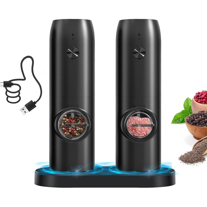 Electric Salt and Pepper Grinder 2-Piece Set, Rechargeable Spice Grinders with Double Charging Station, White LED Light, and Adjustable Coarse Grind