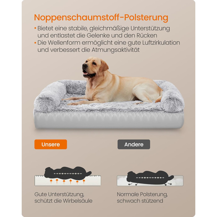 Ліжко для собак Feandrea FluffyHug, XXL, 122 x 85 x 19 см, сірий ошатний, м'яке, знімний чохол, матеріал - ноппенштампфоам