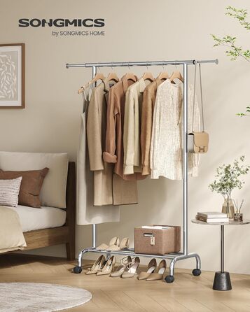 SONGMICS Clothes Rack with Wheels, Extendable Clothes Rod, Garment Rack Made of Steel Pipes, Elevated Storage Rod, 40 x (83-120) x 156 cm, Cloud White HSR134W01 (Silver)