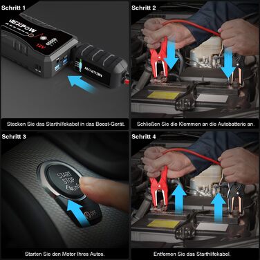 Powerbank для авто NEXPOW Starthilfe 1500A: стрибковий стартер з LED ліхтариком та USB, 12V для бензинових (7.0L) та дизельних (5.5L) двигунів