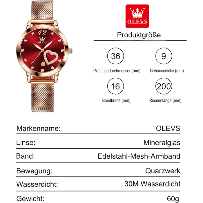 Годинник жіночий OLEVS Roségold: стильні годинники з нержавіючої сталі з мережевим ремінцем, ультратонкі, з діамантовим сердечком, водостійкі, рожеве золото