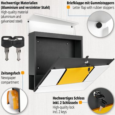 Поштовий ящик BRUBAKER Yellow Square з газетницею, жовтий - сучасний настінний поштовий ящик з алюмінію, 2 ключі, жовто-білий-антрацит
