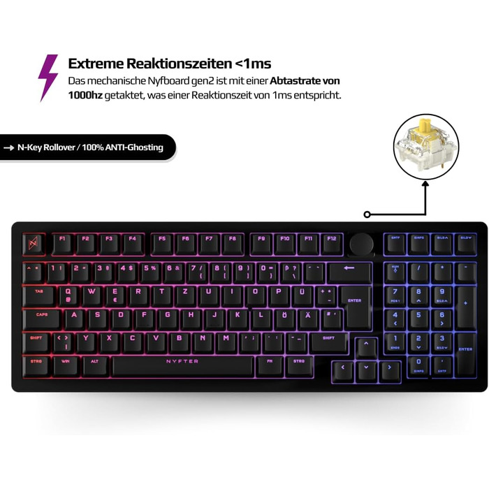 Механічна ігрова клавіатура NYFBOARD GEN2 (98%, Black) з Gateron Yellow, ISO DE Layout, RGB підсвітка, Hot-Swappable