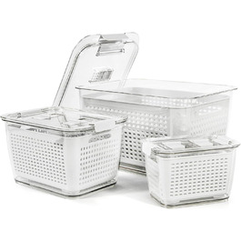 Freshness Food Storage Containers Set Refrigerator Organizer Reusable Storage Containers 3-Piece Set (0.5L+1.7L+4.5L) Plastic Refrigerator Organizer Set with Lid and Strainer (White, 3-Piece Set)